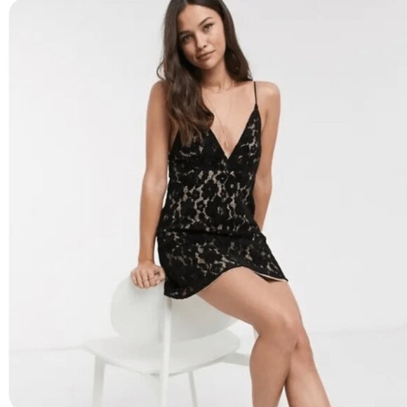 Free People Dangerous Love Mini Dress Black Floral Lace Bohemian Dark Glam Sz 12 - Picture 4 of 16